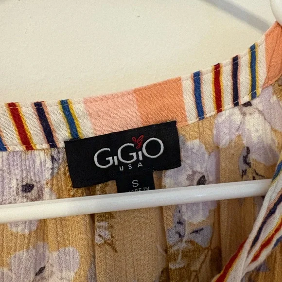 GGO Mustard Floral & Pink Stripe Tiered Peasant Blouse - Picture 2 of 2